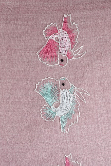 Modarta_Pink Fish Hand Embroidered Woolen Stole_Online_at_Aza_Fashions