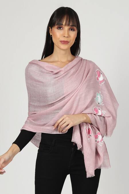 Shop_Modarta_Pink Fish Hand Embroidered Woolen Stole_Online_at_Aza_Fashions