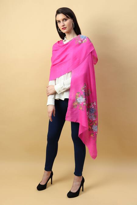 Modarta_Fuchsia Lotus Garden Embroidered Pashmina Shawl_Online_at_Aza_Fashions