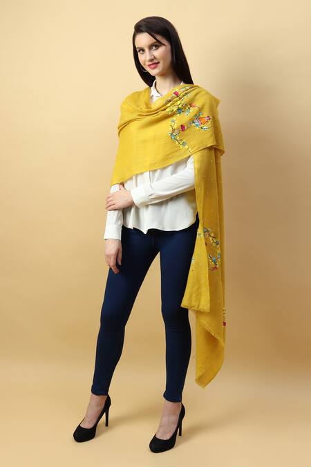 Modarta_Yellow Pashmina Floral Basket Embroidered Shawl _Online_at_Aza_Fashions