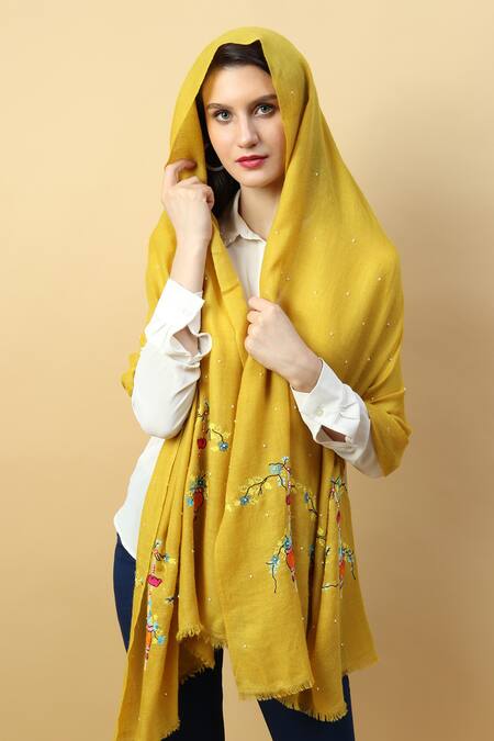 Buy_Modarta_Yellow Pashmina Floral Basket Embroidered Shawl _Online_at_Aza_Fashions