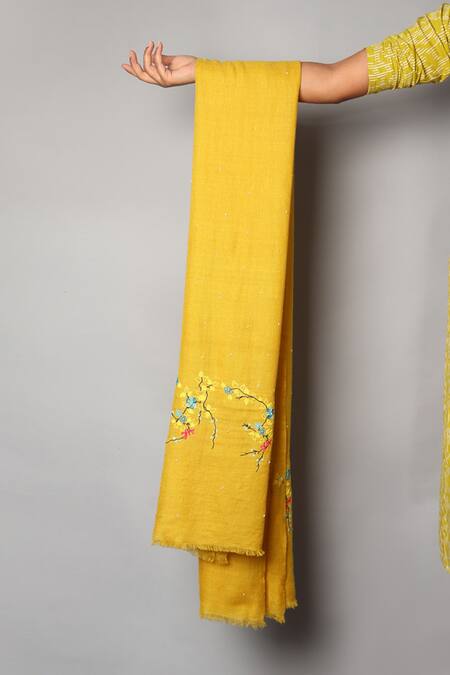 Modarta_Yellow Pashmina Floral Basket Embroidered Shawl _at_Aza_Fashions