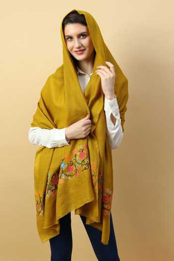 Buy_Modarta_Yellow Pashmina Floral Hand Embroidered Shawl _Online_at_Aza_Fashions