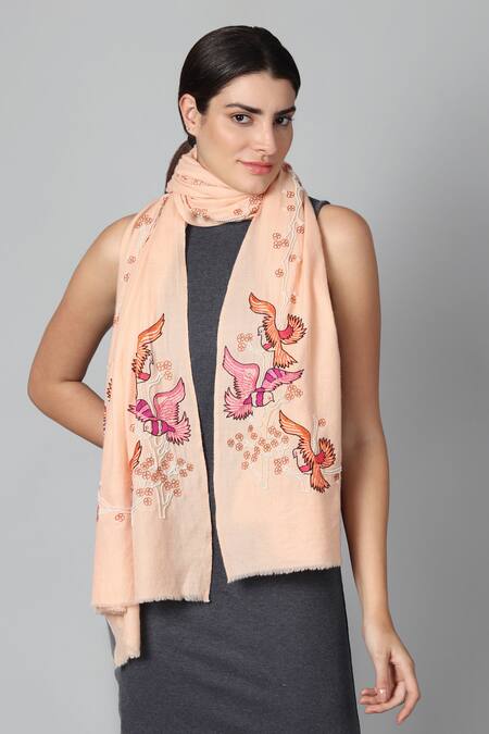 Buy_Modarta_Peach Bird Embroidered Pashmina Shawl _Online_at_Aza_Fashions