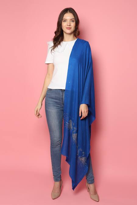 Buy_Modarta_Blue Swarovski Swan Embellished Shawl _Online_at_Aza_Fashions
