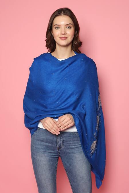 Modarta_Blue Swarovski Swan Embellished Shawl _at_Aza_Fashions