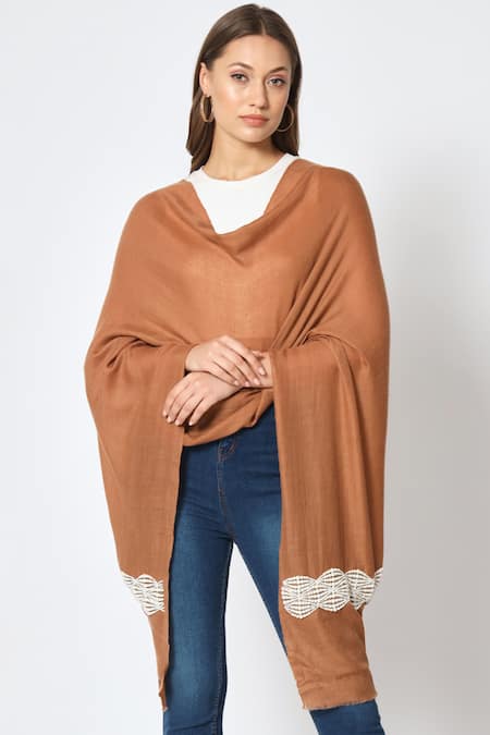 Modarta_Brown Pashmina Pearl Embellished Shawl _Online_at_Aza_Fashions