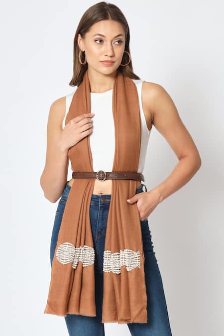 Buy_Modarta_Brown Pashmina Pearl Embellished Shawl _Online_at_Aza_Fashions