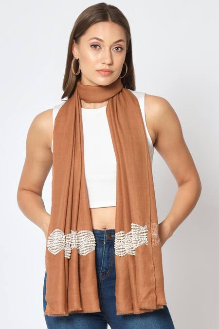 Shop_Modarta_Brown Pashmina Pearl Embellished Shawl _Online_at_Aza_Fashions