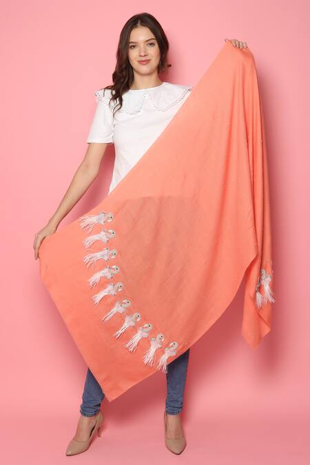 Modarta_Peach Feather Bird Embellished Pashmina Shawl _Online_at_Aza_Fashions