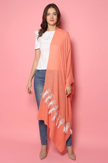 Buy_Modarta_Peach Feather Bird Embellished Pashmina Shawl _Online_at_Aza_Fashions