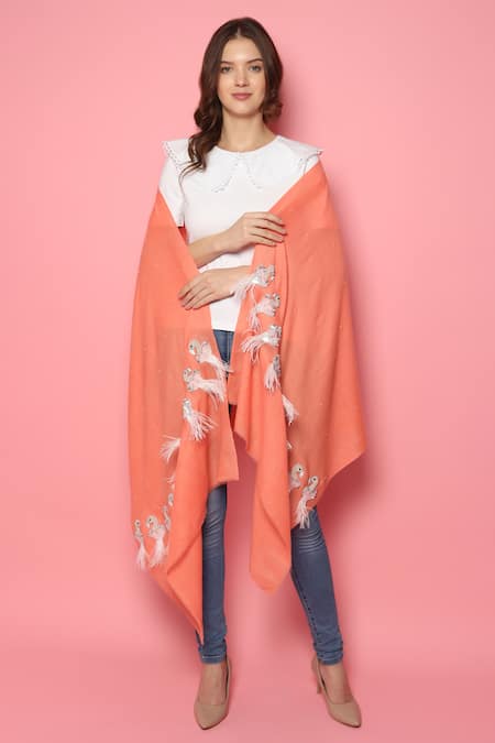 Shop_Modarta_Peach Feather Bird Embellished Pashmina Shawl _Online_at_Aza_Fashions