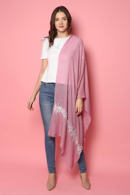 Buy_Modarta_Pink Feather Border Embellished Pashmina Shawl _Online_at_Aza_Fashions