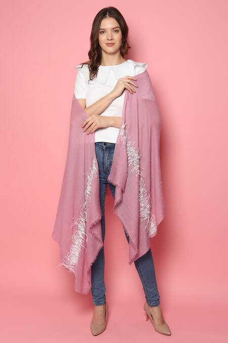 Shop_Modarta_Pink Feather Border Embellished Pashmina Shawl _Online_at_Aza_Fashions