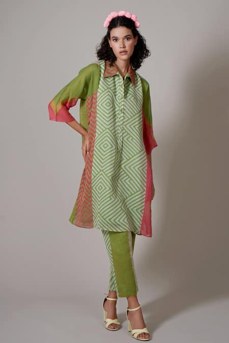 Priti Prashant Green Cotton, Silk Collared Keshi Geometric Print Tunic And Pant Set
