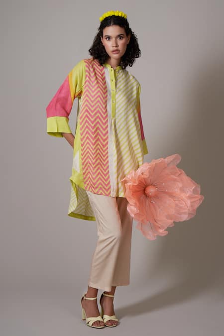 Priti Prashant Multi Color Linen Mandarin Collar Kosumosu Asymmetric Shirt And Pant Set
