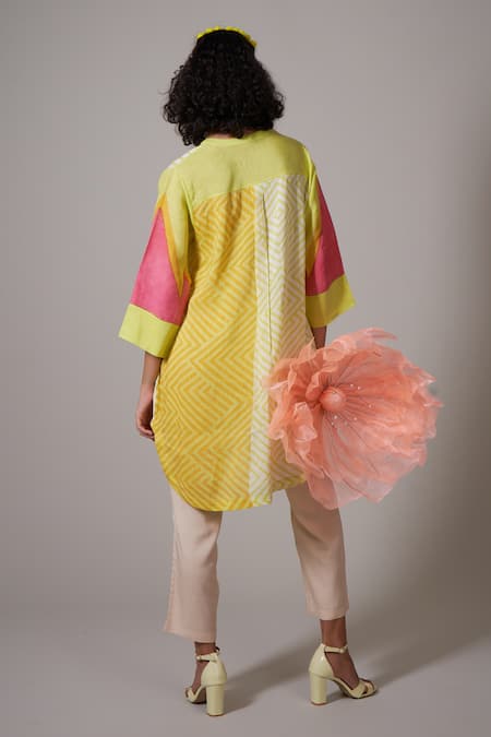 Shop Priti Prashant Multi Color Linen Mandarin Collar Kosumosu Asymmetric Shirt And Pant Set at Aza Fashions Shop_Priti Prashant_Multi Color Linen Mandarin Collar Kosumosu Asymmetric Shirt And Pant Set _at_Aza_Fashions