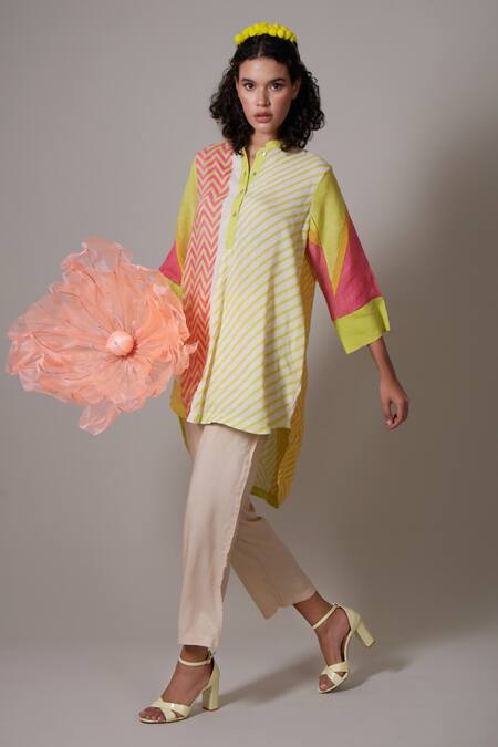 Priti Prashant Multi Color Linen Mandarin Collar Kosumosu Asymmetric Shirt And Pant Set Online at Aza Fashions Priti Prashant_Multi Color Linen Mandarin Collar Kosumosu Asymmetric Shirt And Pant Set _Online_at_Aza_Fashions