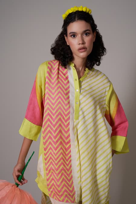 Buy Priti Prashant Multi Color Linen Mandarin Collar Kosumosu Asymmetric Shirt And Pant Set Online at Aza Fashions Buy_Priti Prashant_Multi Color Linen Mandarin Collar Kosumosu Asymmetric Shirt And Pant Set _Online_at_Aza_Fashions