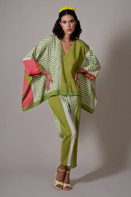 Priti Prashant Green Linen V-neck Fuji Geometric Print Kaftan Top And Pant Set