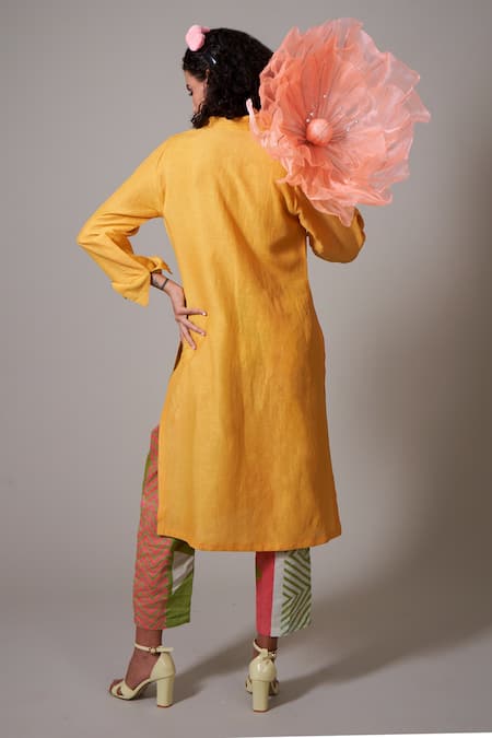 Shop Priti Prashant Yellow Linen Beads Keyhole Neck Botan Tunic And Printed Pant Set at Aza Fashions Shop_Priti Prashant_Yellow Linen Beads Keyhole Neck Botan Tunic And Printed Pant Set _at_Aza_Fashions