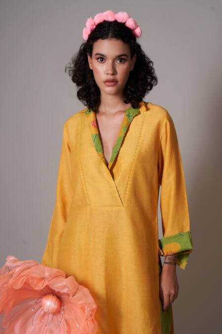 Shop Priti Prashant Yellow Linen Beads Keyhole Neck Botan Tunic And Printed Pant Set Online at Aza Fashions Shop_Priti Prashant_Yellow Linen Beads Keyhole Neck Botan Tunic And Printed Pant Set _Online_at_Aza_Fashions