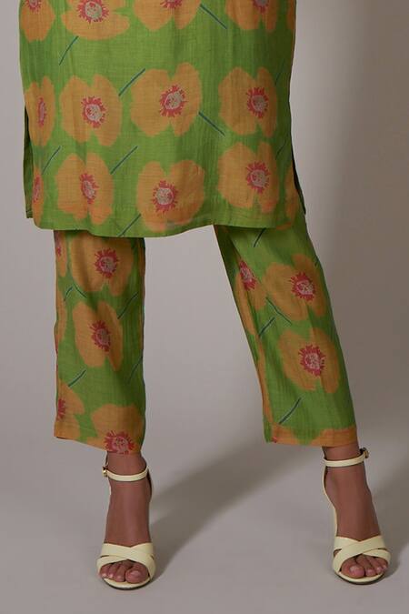 Priti Prashant_Green Cotton, Silk Round Neck Ume Floral Print Tunic And Pant Set _Online_at_Aza_Fashions