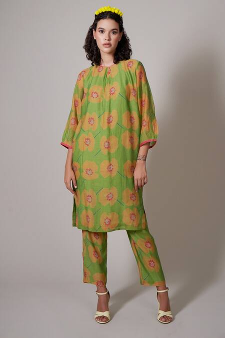Buy_Priti Prashant_Green Cotton, Silk Round Neck Ume Floral Print Tunic And Pant Set _Online_at_Aza_Fashions