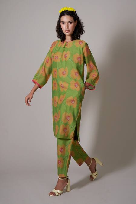 Shop_Priti Prashant_Green Cotton, Silk Round Neck Ume Floral Print Tunic And Pant Set _Online_at_Aza_Fashions