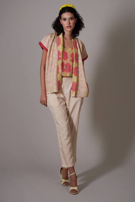 Priti Prashant_Beige Silk, Cotton Embroidery Shawl , Round Yumika Jacket And Pant Set _Online_at_Aza_Fashions
