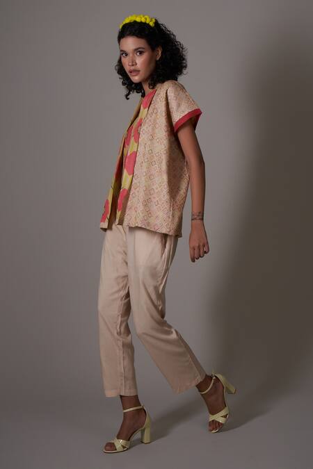 Priti Prashant_Beige Silk, Cotton Embroidery Shawl , Round Yumika Jacket And Pant Set _at_Aza_Fashions