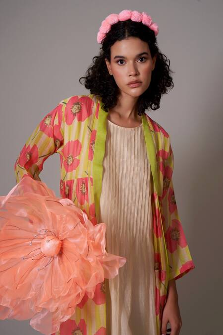 Priti Prashant_Beige Cotton, Silk Embroidery Round Erika Poppy Print Jacket And Pleated Dress _Online_at_Aza_Fashions