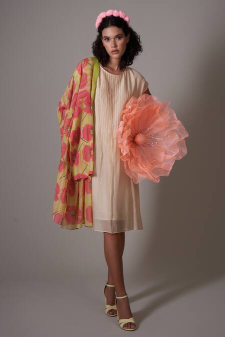 Buy_Priti Prashant_Beige Cotton, Silk Embroidery Round Erika Poppy Print Jacket And Pleated Dress _Online_at_Aza_Fashions