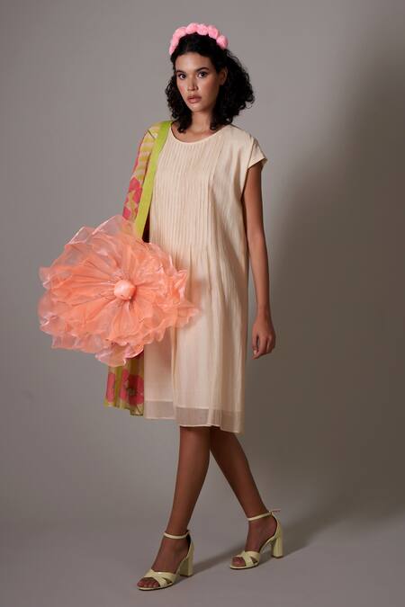 Shop_Priti Prashant_Beige Cotton, Silk Embroidery Round Erika Poppy Print Jacket And Pleated Dress _Online_at_Aza_Fashions