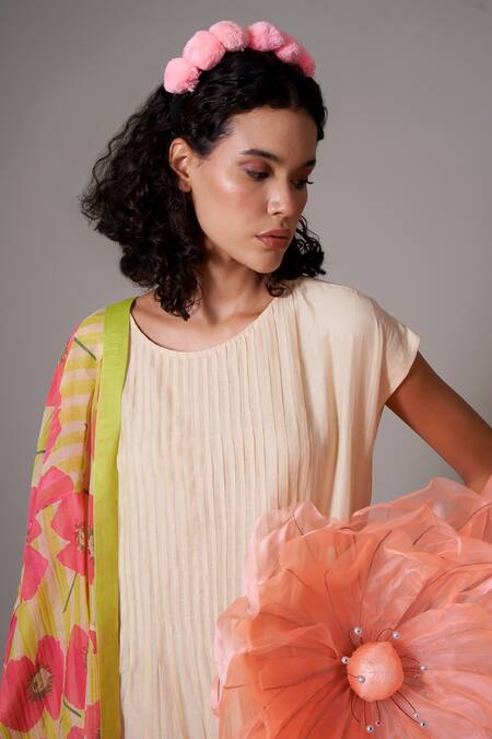 Priti Prashant_Beige Cotton, Silk Embroidery Round Erika Poppy Print Jacket And Pleated Dress _at_Aza_Fashions