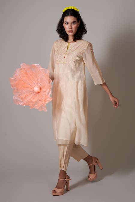 Buy Priti Prashant Beige Cotton, Silk Beads Round Neck Sayuri Handwoven Pleated Kurta And Pant Set Online at Aza Fashions Buy_Priti Prashant_Beige Cotton, Silk Beads Round Neck Sayuri Handwoven Pleated Kurta And Pant Set _Online_at_Aza_Fashions