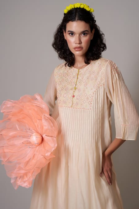 Shop Priti Prashant Beige Cotton, Silk Beads Round Neck Sayuri Handwoven Pleated Kurta And Pant Set Online at Aza Fashions Shop_Priti Prashant_Beige Cotton, Silk Beads Round Neck Sayuri Handwoven Pleated Kurta And Pant Set _Online_at_Aza_Fashions