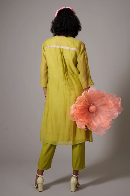 Shop Priti Prashant Green Cotton, Silk Beads Round Neck Sayuri Handwoven Pleated Kurta With Pant at Aza Fashions Shop_Priti Prashant_Green Cotton, Silk Beads Round Neck Sayuri Handwoven Pleated Kurta With Pant _at_Aza_Fashions