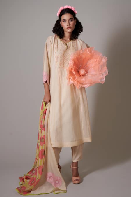 Priti Prashant Beige Cotton, Silk Beads, Applique, Embroidery Gekka Pleated Handwoven Kurta Set