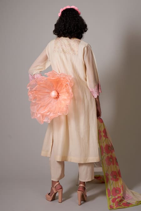 Shop Priti Prashant Beige Cotton, Silk Beads, Applique, Embroidery Gekka Pleated Handwoven Kurta Set at Aza Fashions Shop_Priti Prashant_Beige Cotton, Silk Beads, Applique, Embroidery Gekka Pleated Handwoven Kurta Set _at_Aza_Fashions