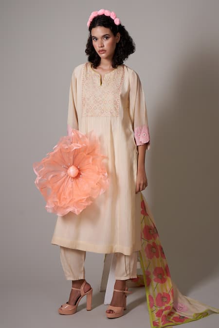 Buy Priti Prashant Beige Cotton, Silk Beads, Applique, Embroidery Gekka Pleated Handwoven Kurta Set Online at Aza Fashions Buy_Priti Prashant_Beige Cotton, Silk Beads, Applique, Embroidery Gekka Pleated Handwoven Kurta Set _Online_at_Aza_Fashions