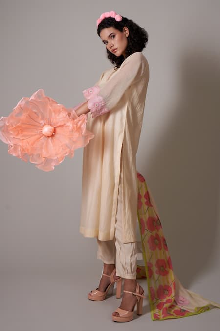 Shop Priti Prashant Beige Cotton, Silk Beads, Applique, Embroidery Gekka Pleated Handwoven Kurta Set Online at Aza Fashions Shop_Priti Prashant_Beige Cotton, Silk Beads, Applique, Embroidery Gekka Pleated Handwoven Kurta Set _Online_at_Aza_Fashions