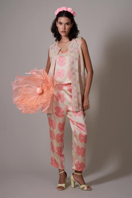 Priti Prashant Beige Silk, Satin Embroidery Round Neck Kigiku Jacket With Poppy Print Pant Set Online at Aza Fashions Priti Prashant_Beige Silk, Satin Embroidery Round Neck Kigiku Jacket With Poppy Print Pant Set _Online_at_Aza_Fashions