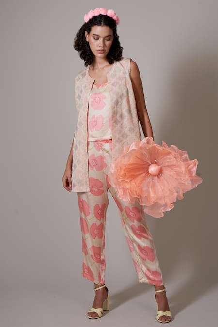 Buy Priti Prashant Beige Silk, Satin Embroidery Round Neck Kigiku Jacket With Poppy Print Pant Set Online at Aza Fashions Buy_Priti Prashant_Beige Silk, Satin Embroidery Round Neck Kigiku Jacket With Poppy Print Pant Set _Online_at_Aza_Fashions