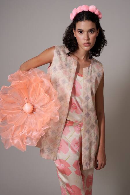 Shop Priti Prashant Beige Silk, Satin Embroidery Round Neck Kigiku Jacket With Poppy Print Pant Set Online at Aza Fashions Shop_Priti Prashant_Beige Silk, Satin Embroidery Round Neck Kigiku Jacket With Poppy Print Pant Set _Online_at_Aza_Fashions