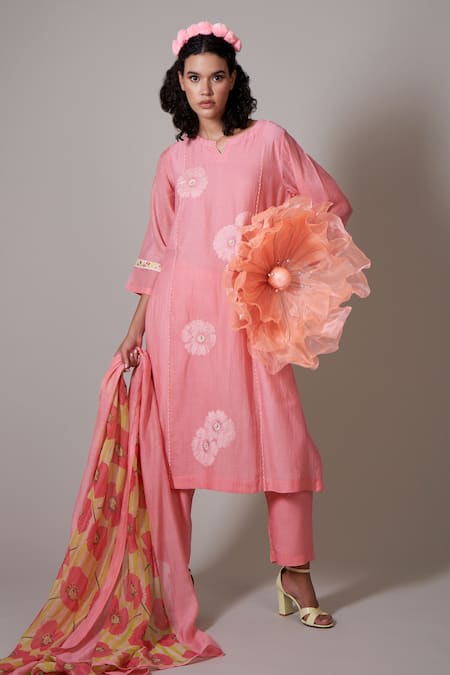 Priti Prashant Peach Cotton, Silk Embroidery Split V-neck Sagiso Applique Floral Kurta Set