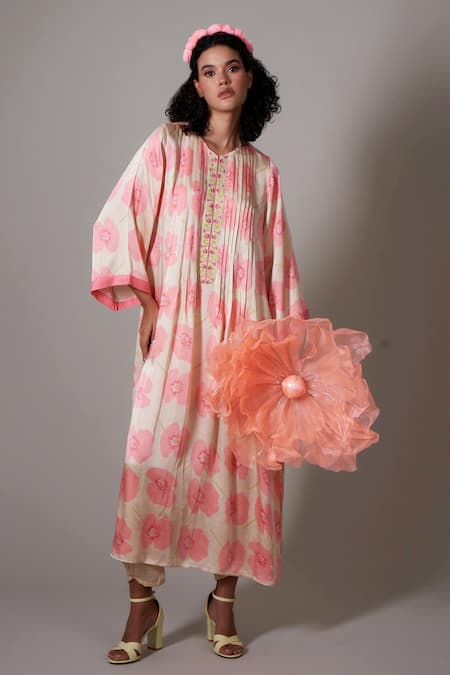 Priti Prashant_Peach Satin Embroidery Round Neck Kiku Poppy Floral Print Kaftan Dress _Online_at_Aza_Fashions