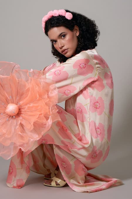 Buy_Priti Prashant_Peach Satin Embroidery Round Neck Kiku Poppy Floral Print Kaftan Dress _Online_at_Aza_Fashions