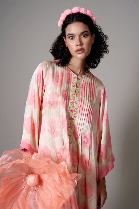 Shop_Priti Prashant_Peach Satin Embroidery Round Neck Kiku Poppy Floral Print Kaftan Dress _Online_at_Aza_Fashions
