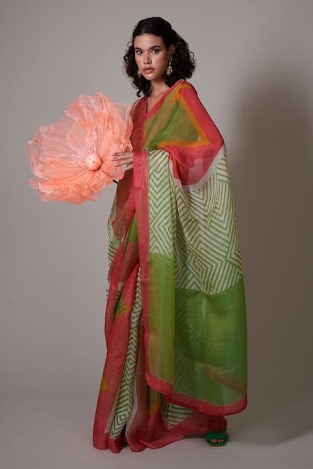 Priti Prashant Multi Color Silk Organza Beads Keshi Printed Saree With Unstitched Blouse Piece Online at Aza Fashions Priti Prashant_Multi Color Silk Organza Beads Keshi Printed Saree With Unstitched Blouse Piece _Online_at_Aza_Fashions